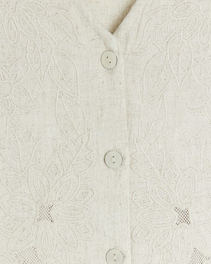 Beige linen blend embroidered waistcoat