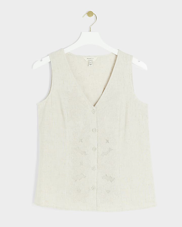 Beige linen blend embroidered waistcoat