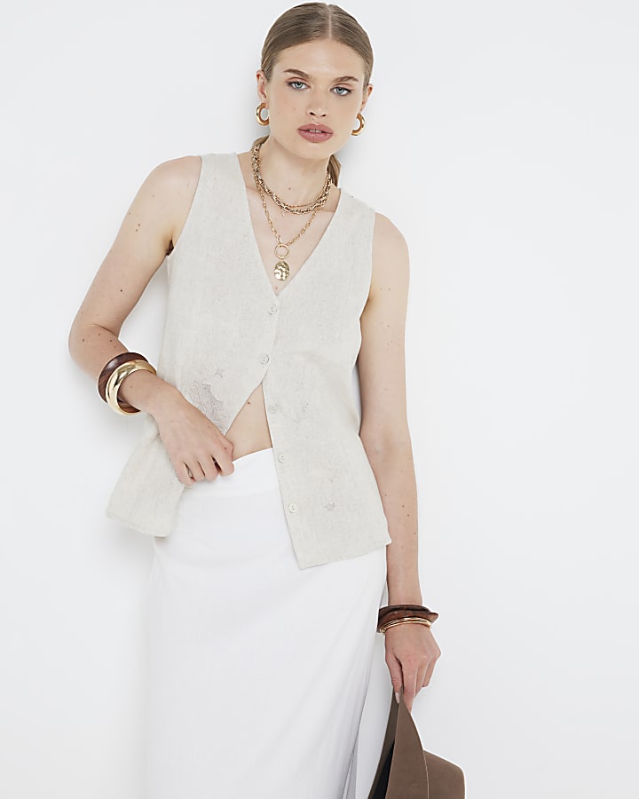 Beige linen blend embroidered waistcoat