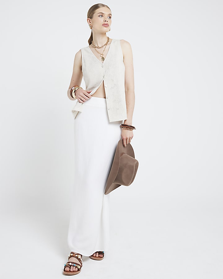 Beige linen blend embroidered waistcoat