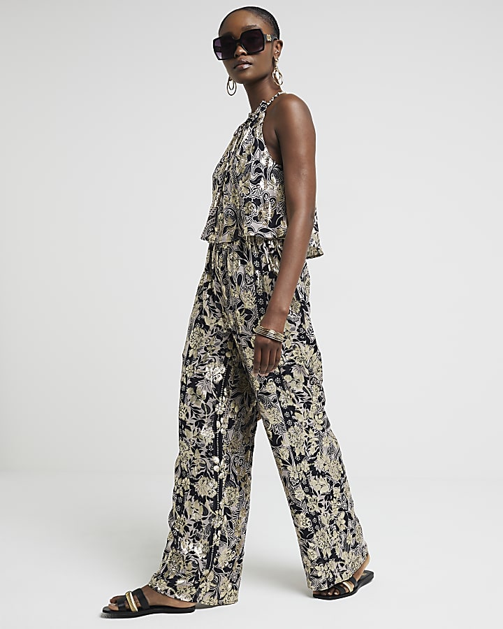 Black metallic halter neck jumpsuit