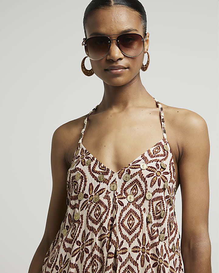 Brown embellished maxi slip dress