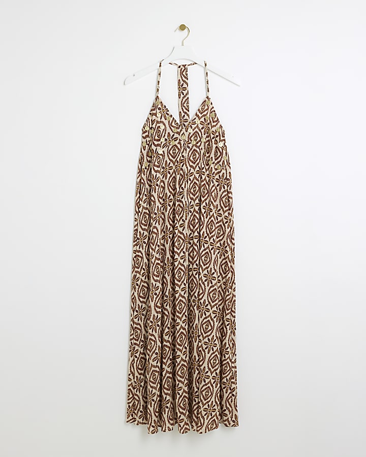 Brown embellished maxi slip dress