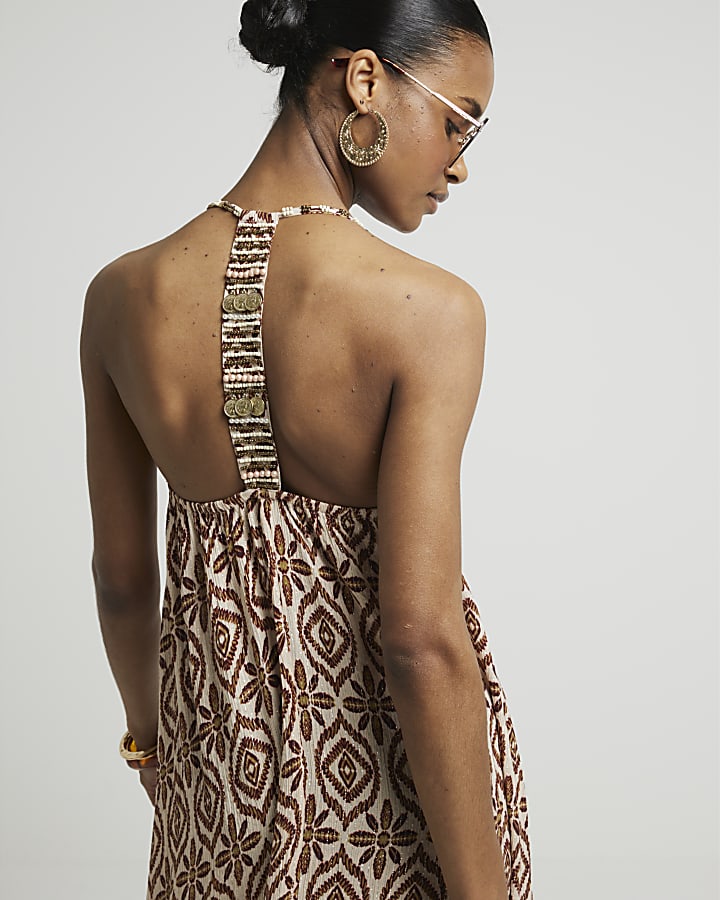 Brown embellished maxi slip dress