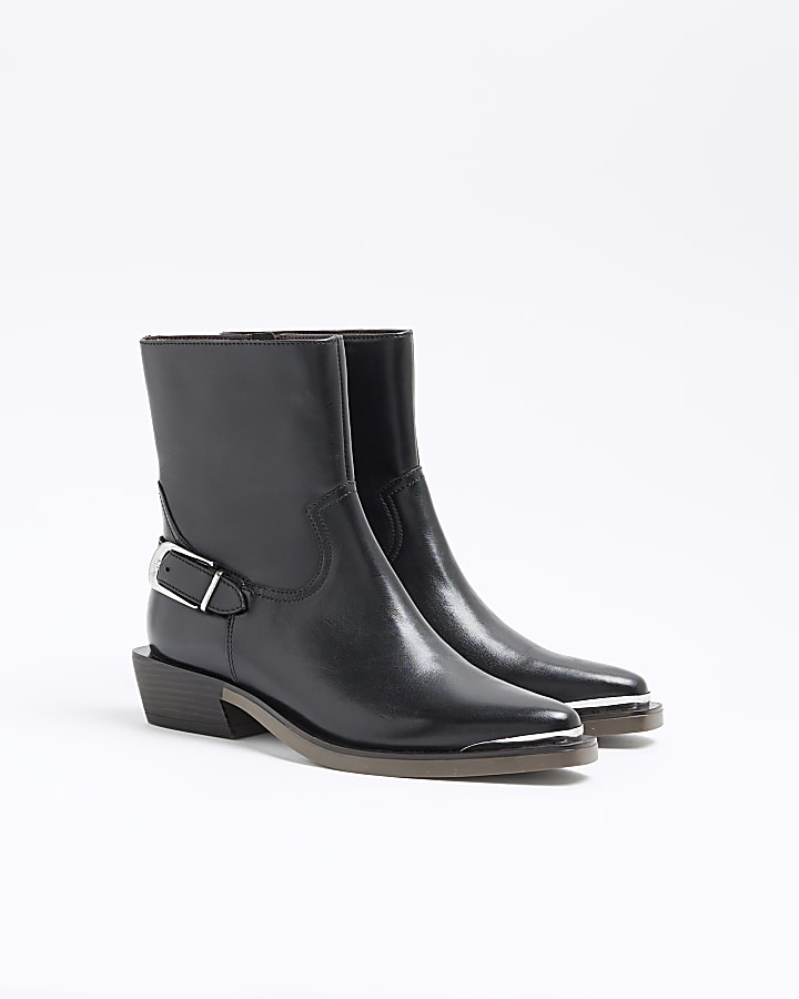 Black Leather Buckle Western Boots