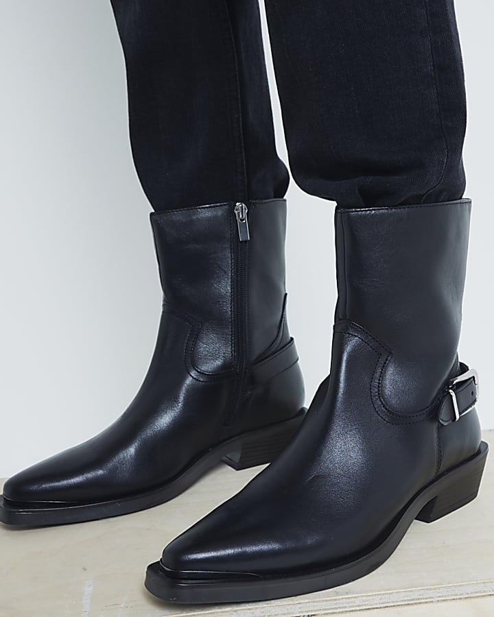 Black Leather Buckle Western Boots River Island