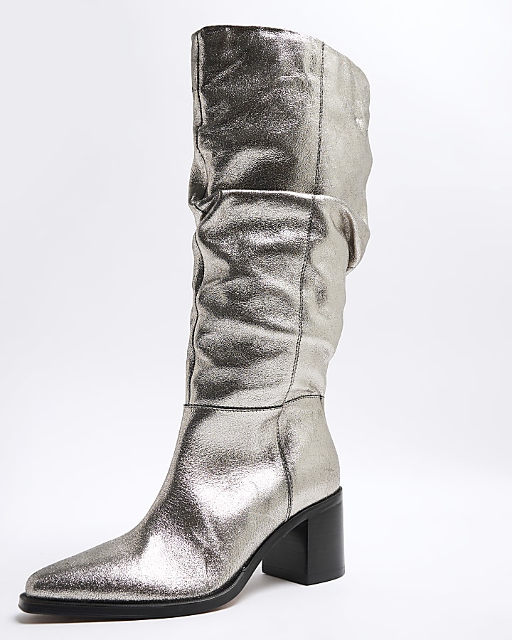 Silver Ruched Leather Boots