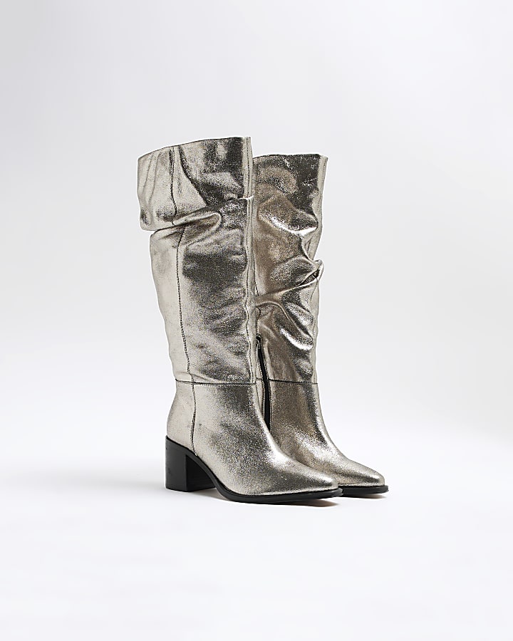 Silver Ruched Leather Boots