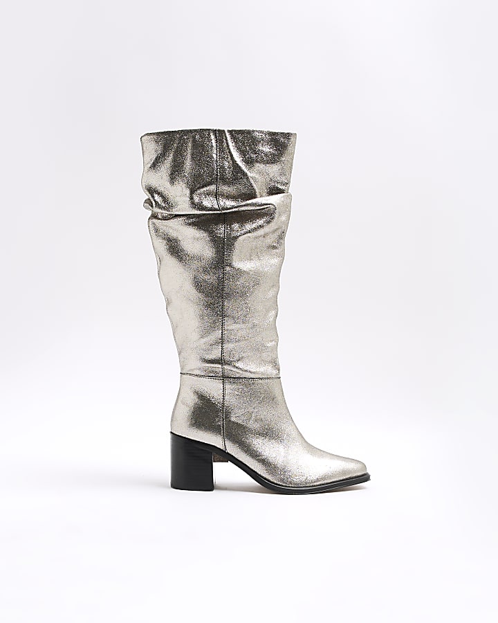 Silver Ruched Leather Boots