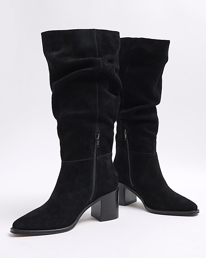 Black Ruched Suede Boots