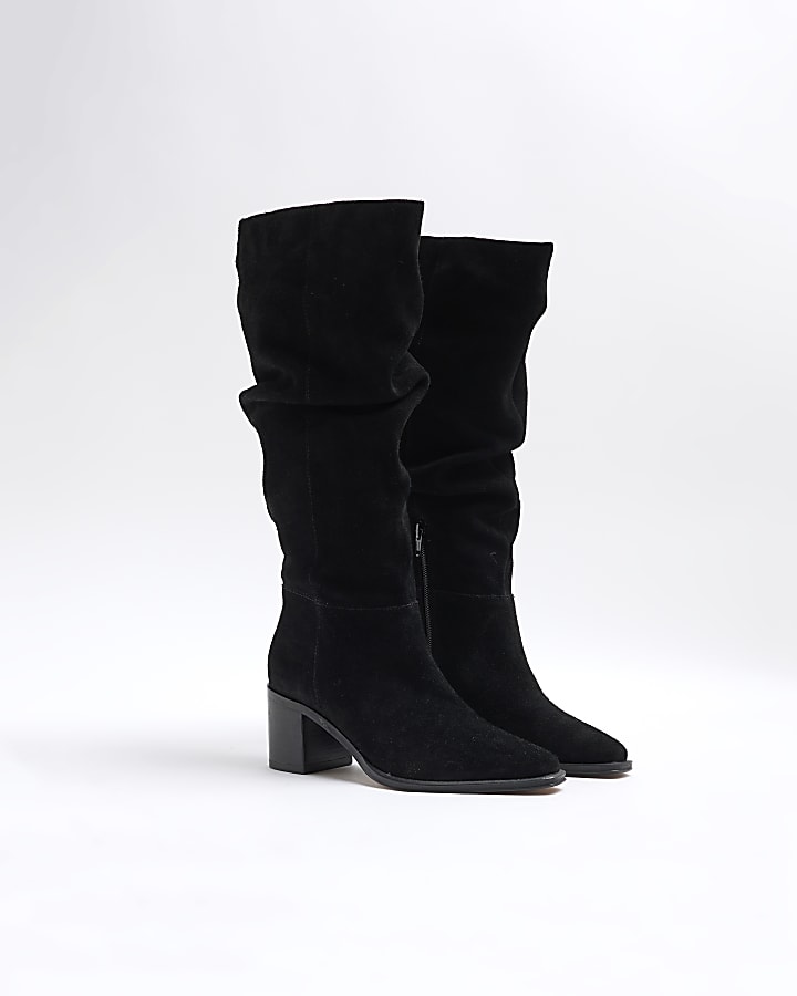 Black Ruched Suede Boots