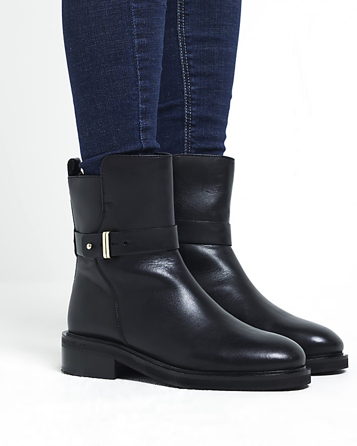 Black Leather Ankle Boot River Island