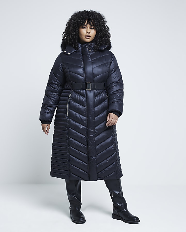 Plus black slim fit longline padded coat River Island