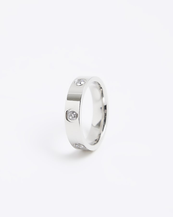 Silver Stainless Steel Diamante Ring