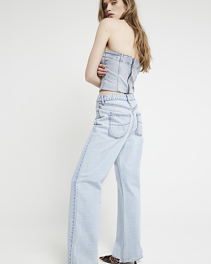 Blue high waisted relaxed straight jeans