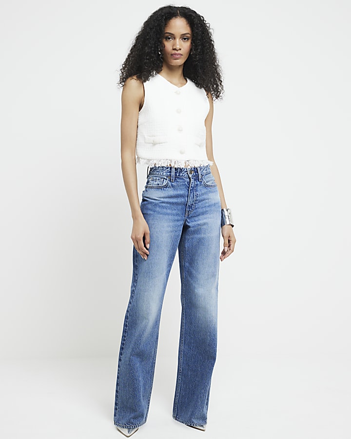 Blue high waisted relaxed straight jeans