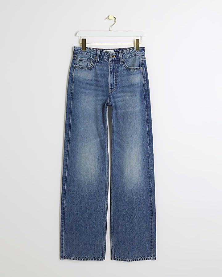 Blue high waisted relaxed straight jeans