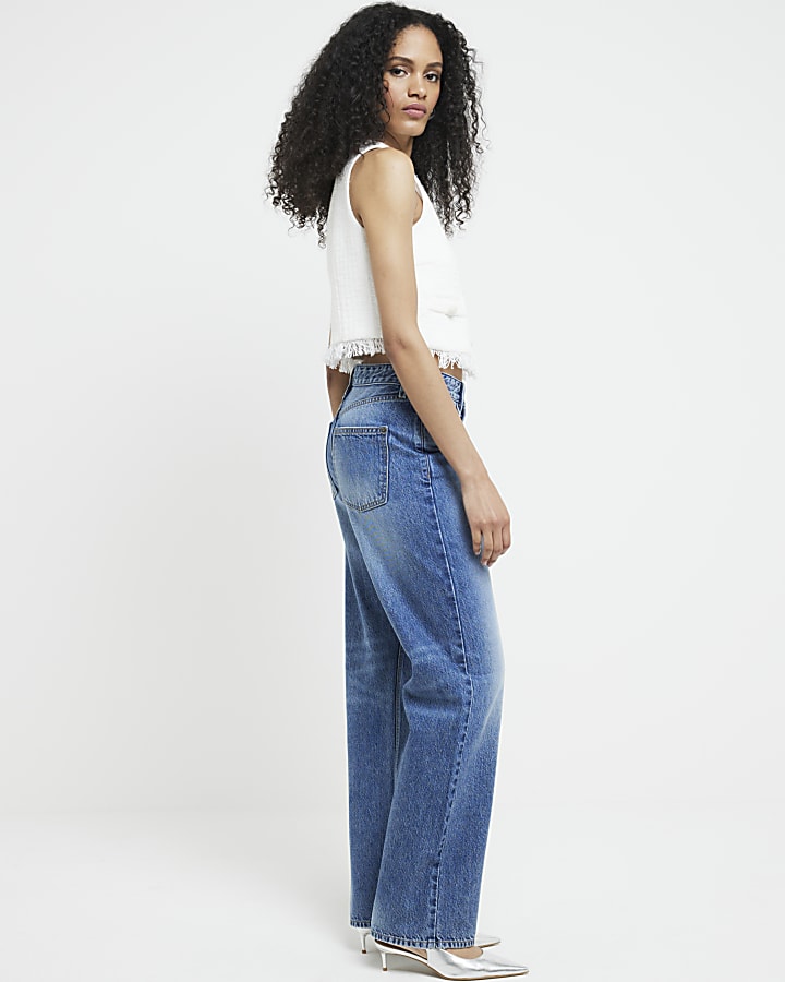 Blue high waisted relaxed straight jeans