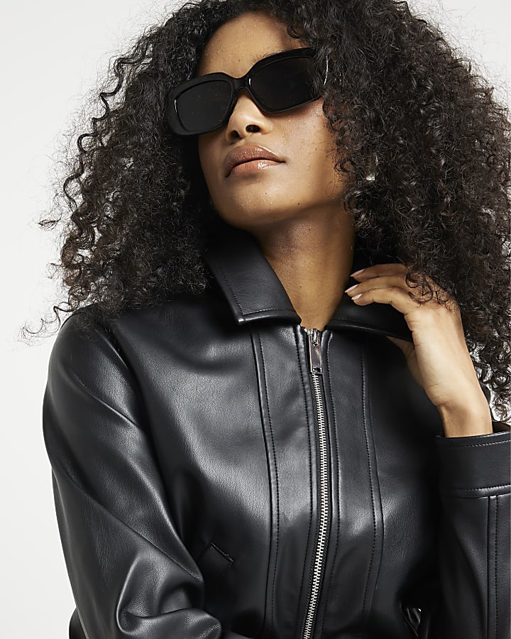 Black faux leather zip up harrington jacket