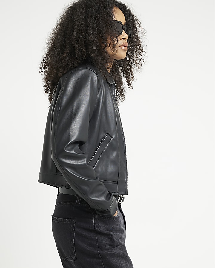 Black faux leather zip up harrington jacket