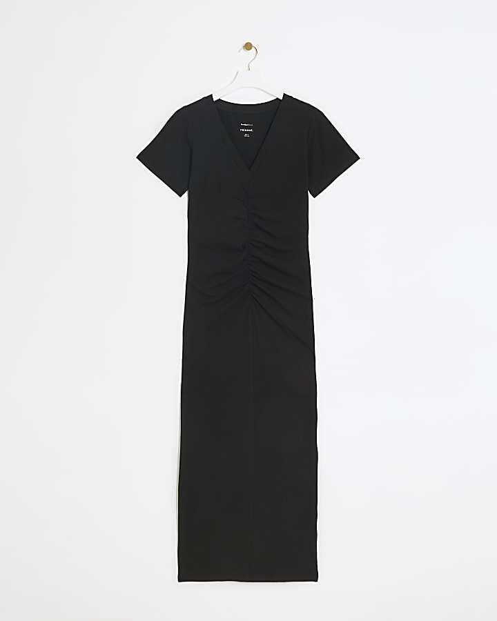 Black ruched t-shirt maxi dress