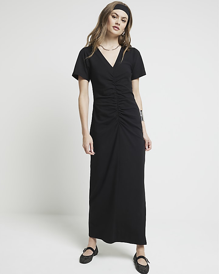 Black ruched t-shirt maxi dress