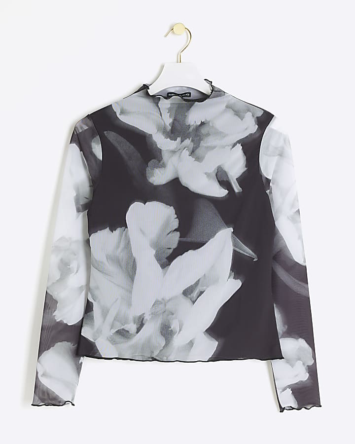 Black mesh floral long sleeve top