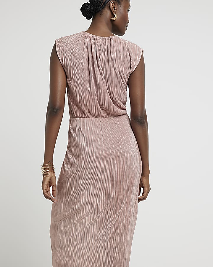 Pink plisse elasticated shift midi dress