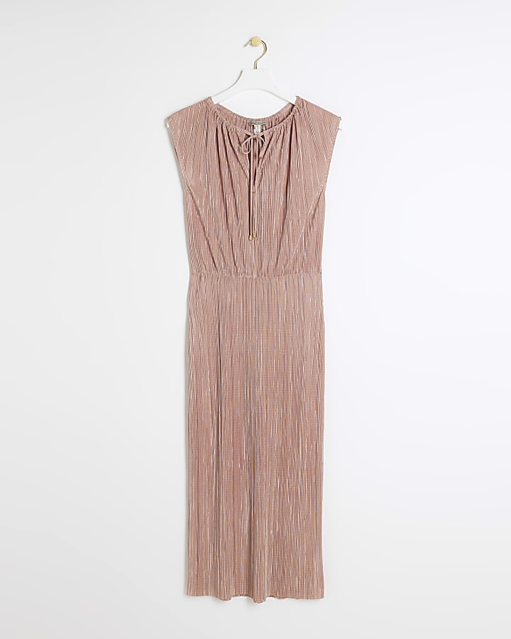 Pink plisse elasticated shift midi dress