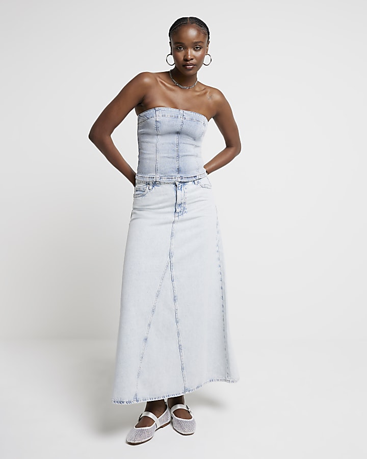 Blue denim maxi skirt