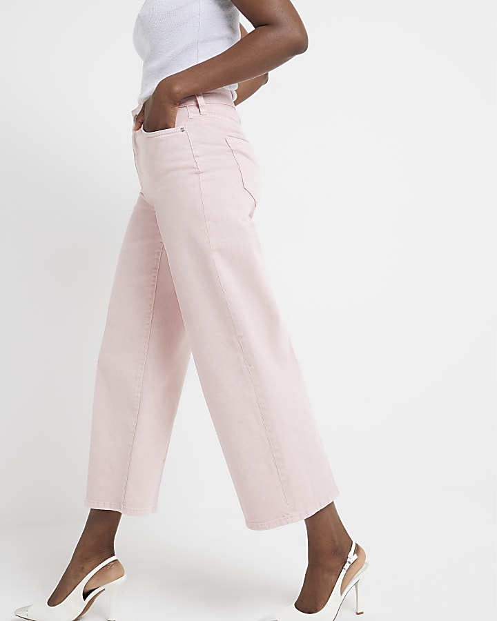 Pink high waisted wide leg cropped jeans