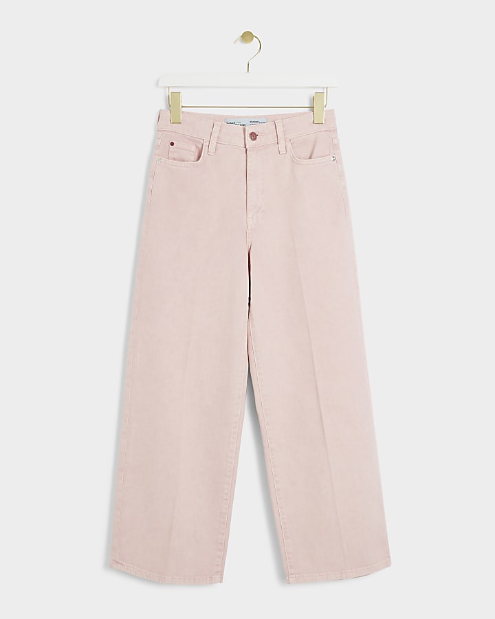 Pink high waisted wide leg cropped jeans