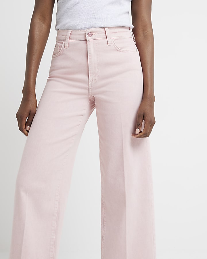 Pink high waisted wide leg cropped jeans