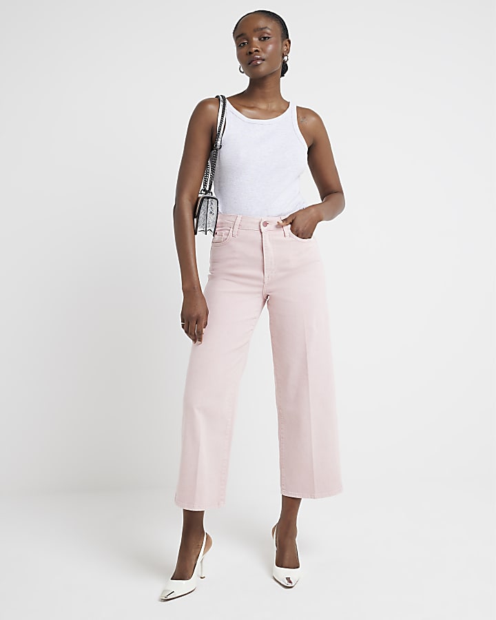 Pink high waisted wide leg cropped jeans