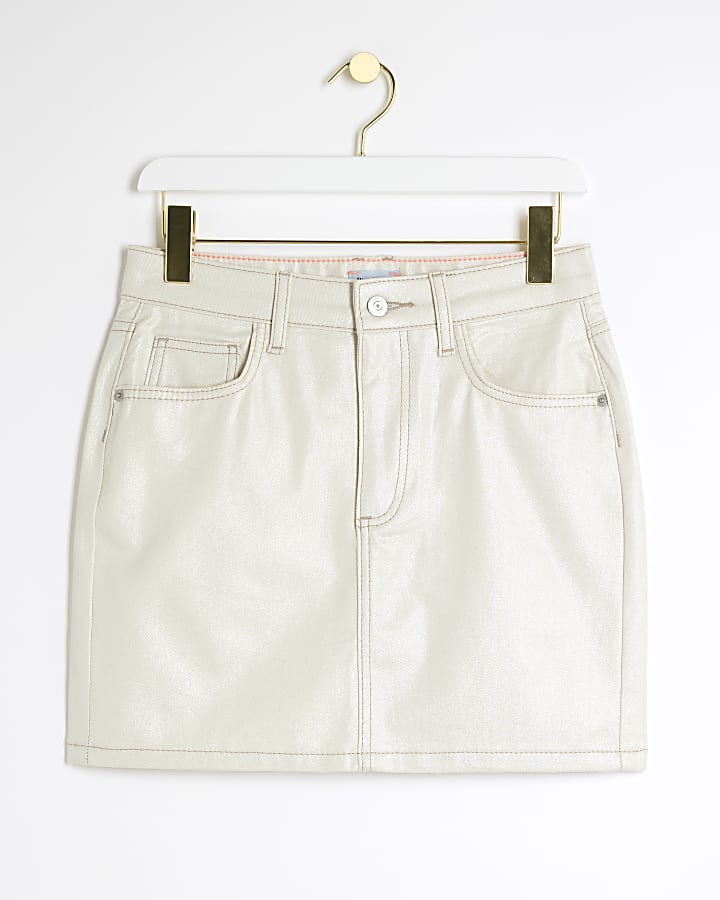 Petite beige glitter coated denim mini skirt