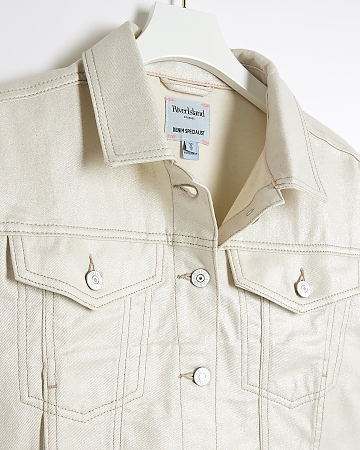 Petite beige glitter coated denim jacket