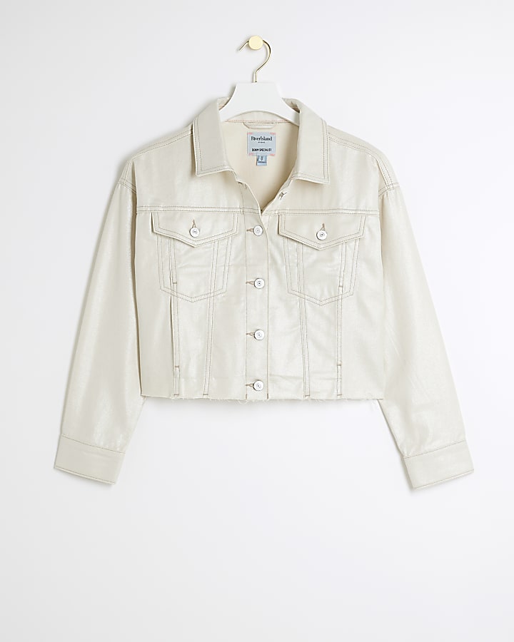 Petite beige glitter coated denim jacket