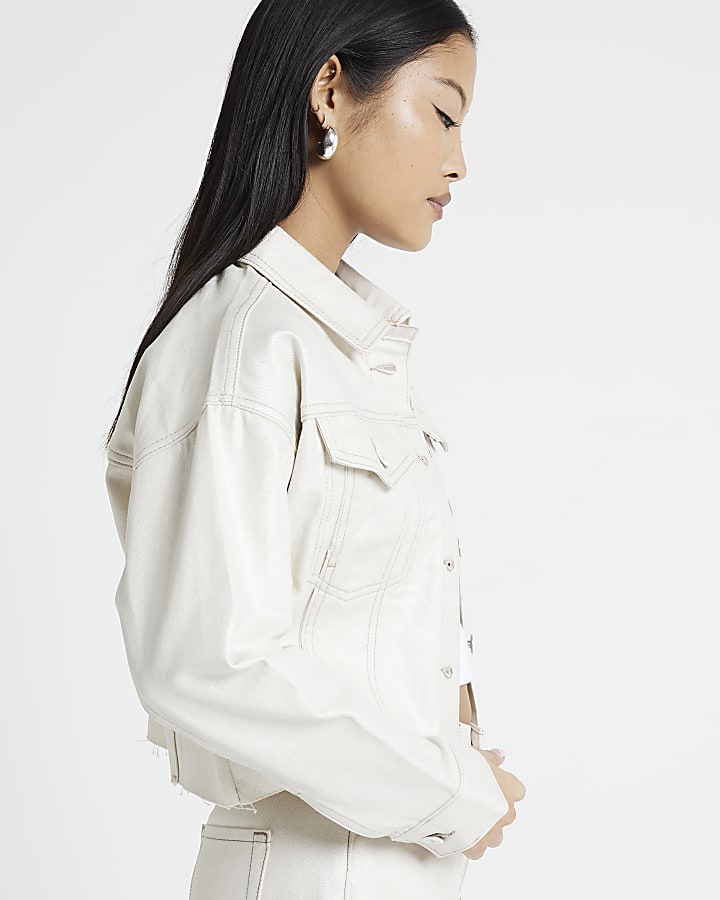 Petite beige glitter coated denim jacket