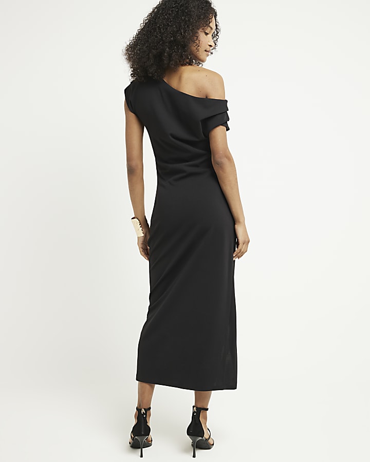 Black drape off shoulder bodycon midi dress