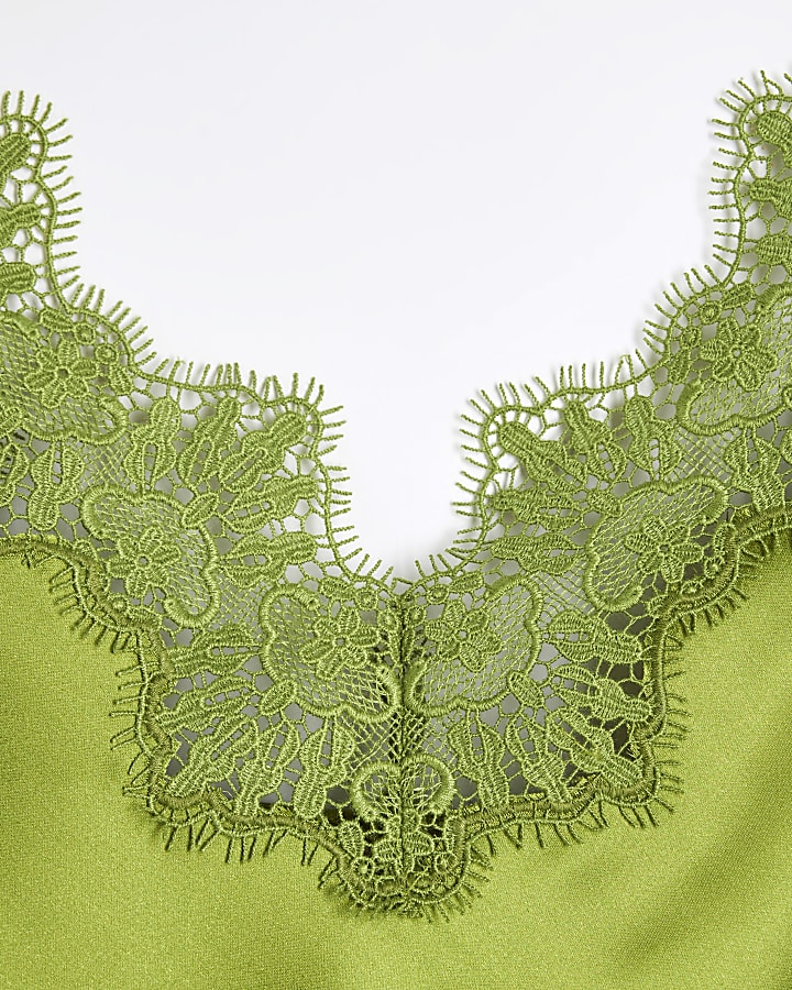 Green satin lace trim tank top
