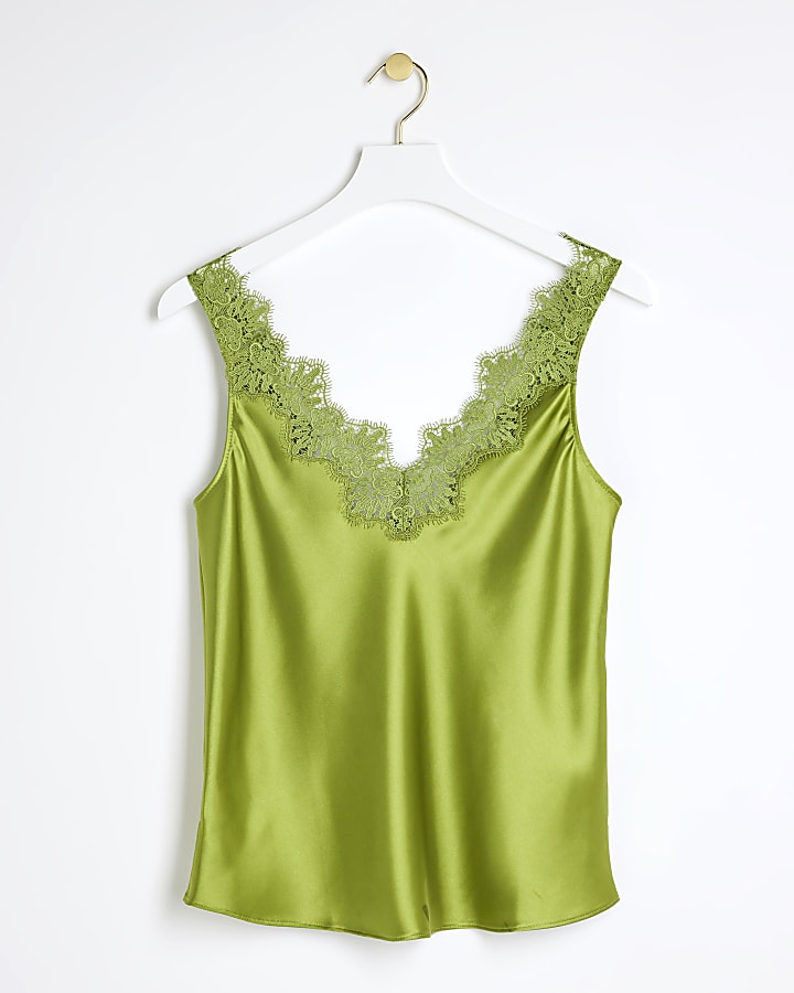 Green satin lace trim tank top
