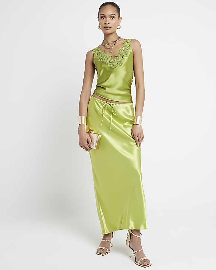 Green satin lace trim tank top
