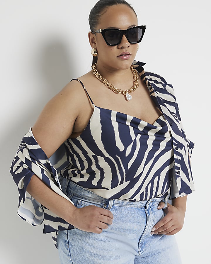 Plus Navy Animal print Cowl Neck Cami top
