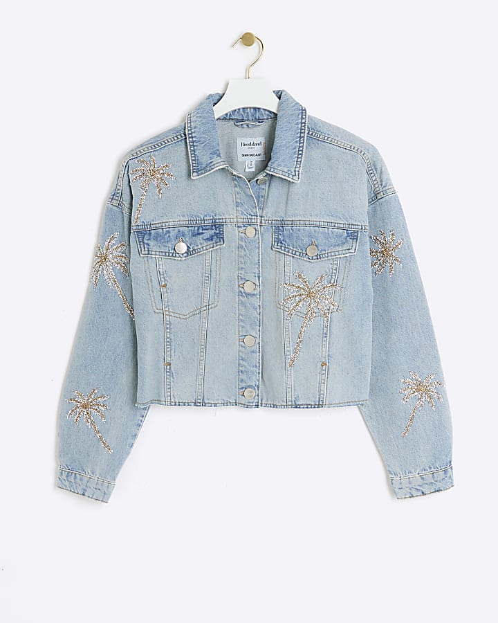 Blue sequin embellished denim jacket