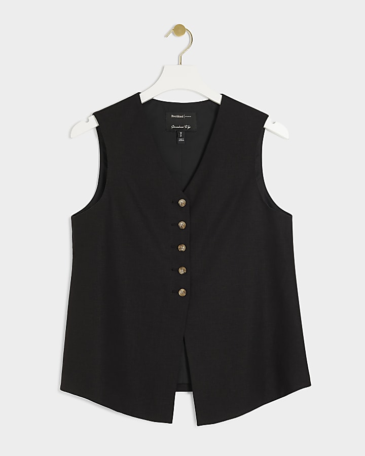 Black linen blend button up waistcoat