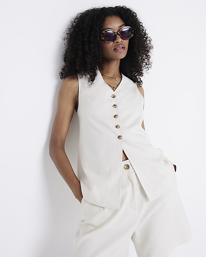 Cream linen blend button up waistcoat