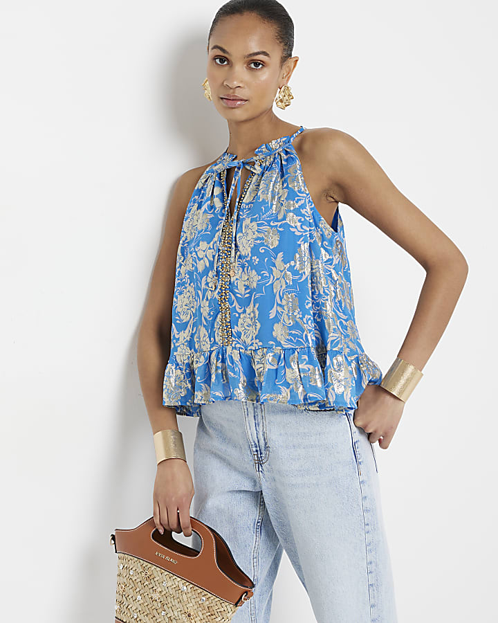 Blue glitter floral sleeveless top