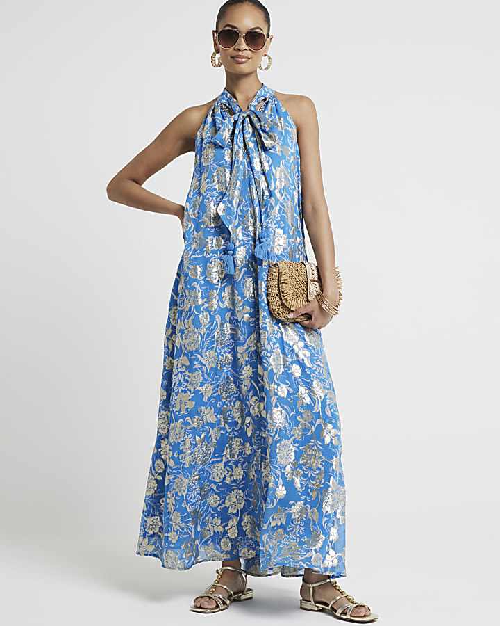 Blue floral glitter shift maxi dress