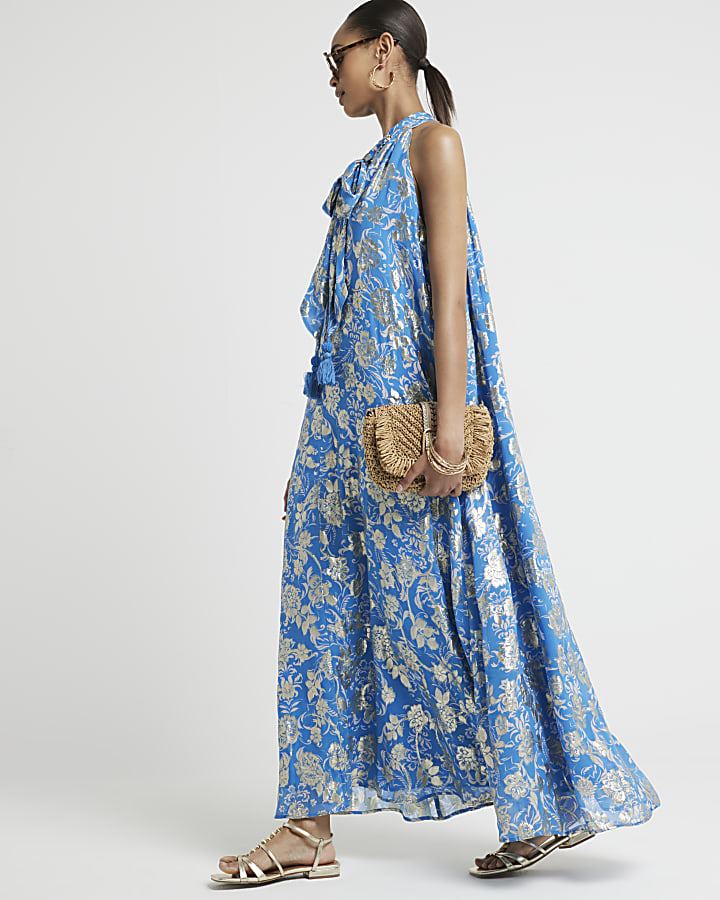 Blue floral glitter shift maxi dress