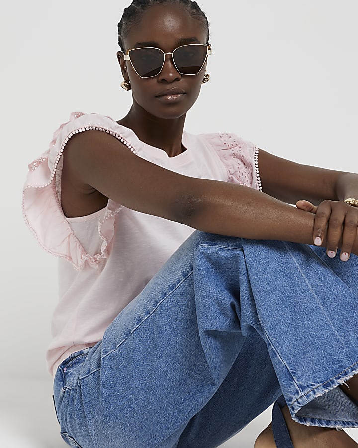 Pink broderie frill sleeve t-shirt